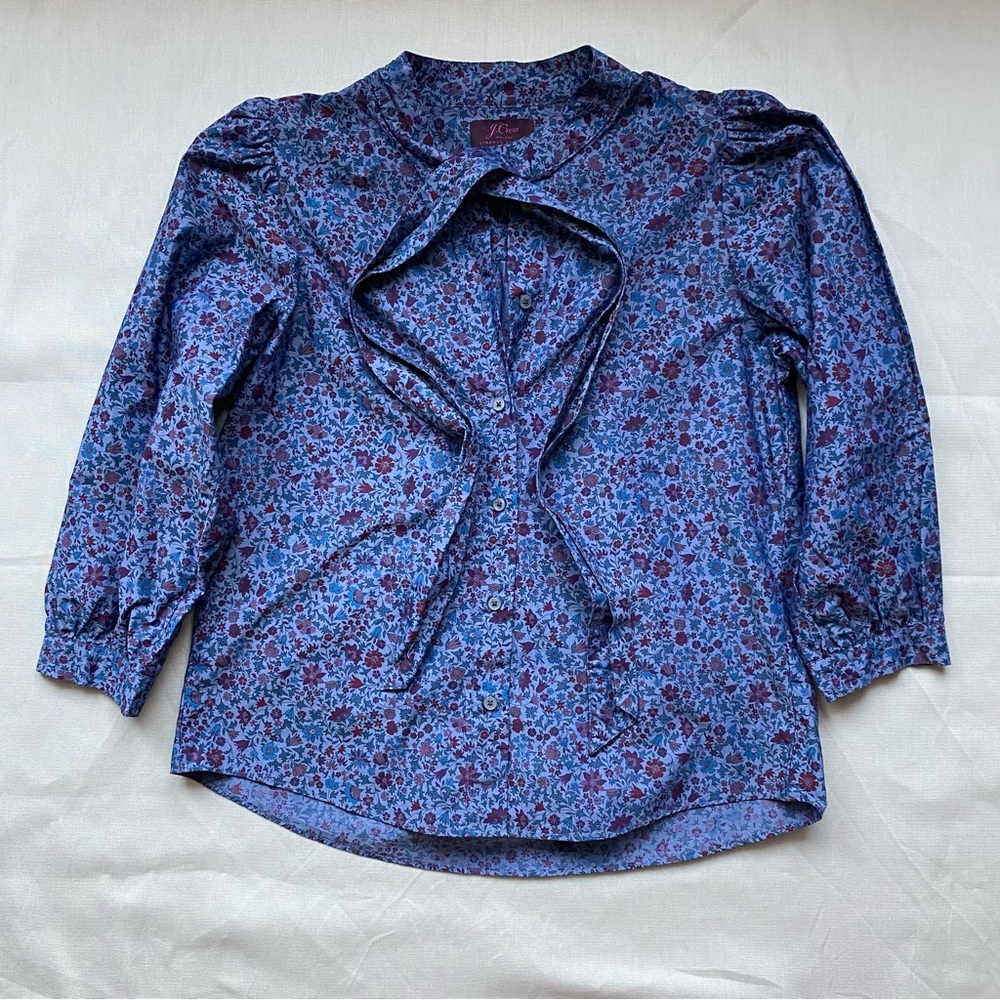 J. Crew Tie Neck Blue Floral Blouse in Liberty Print Colombo Chambray Size XS